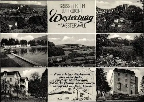 Ak Westerburg im Westerwald, Teilansichten, Kurhaus, Schloss, Liebfrauenkirche, Schwimmbad