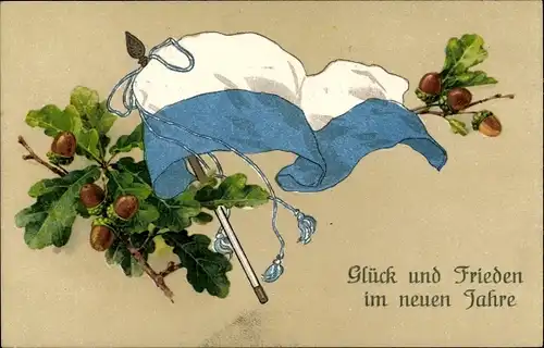 Ak Glückwunsch Neujahr, Wehende bayrische Fahne, Eichenlaub, Eicheln, Patriotik