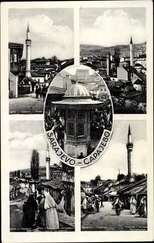 Ak Sarajevo Bosnien Herzegowina, Stadtansichten, Minarette, verschleierte Frauen