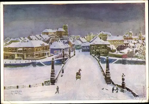 Künstler Ak Kubat, Ant., Přerov Prerau Region Olmütz, Zerotinschloss mit Brücke, Winter
