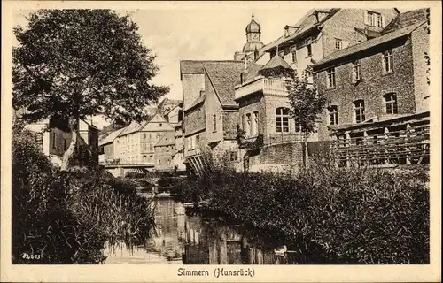 Ak Simmern Hunsrück, Fluss, Bäume Häuser, Brücke