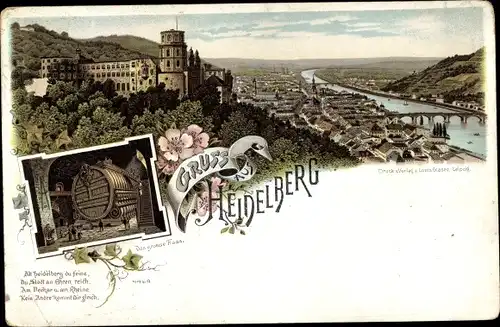 Litho Heidelberg am Neckar, Das große Fass, Schloss, Panoramablick auf die Stadt
