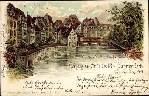 Litho Leipzig in Sachsen, Stadtgraben jetzt Töpferplatz, 18. Jahrhundert