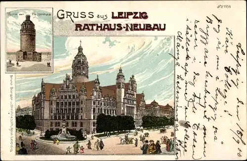 Litho Leipzig in Sachsen, Rathaus Neubau, Turm der Pleissenburg, Bruno Bürger & Ottilie No. 1939