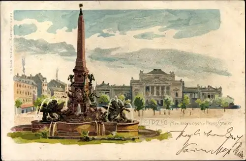 Litho Leipzig in Sachsen, Mendebrunnen, Neues Theater