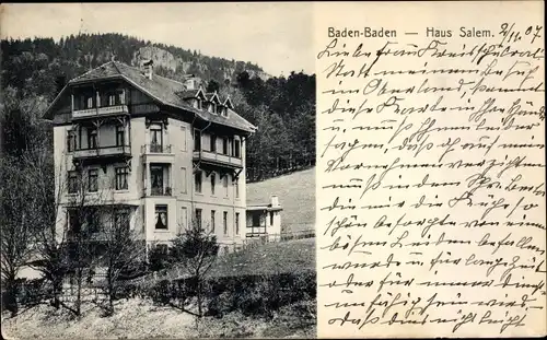 Ak Baden Baden am Schwarzwald, Haus Salem