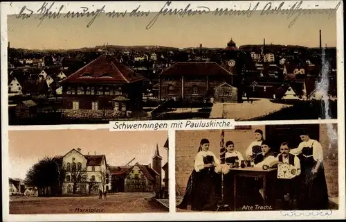 Ak Villingen Schwenningen im Schwarzwald, Gesamtansicht, Pauluskirche, Alte Tracht, Marktplatz