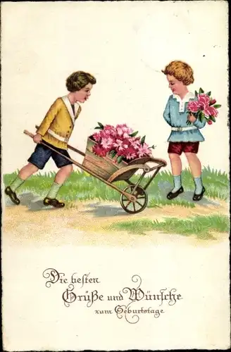 Ak Glückwunsch Geburtstag, Kinder mit Handkarren und Blumen
