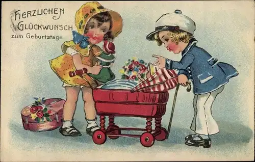 Ak Glückwunsch Geburtstag, Kinder, Puppenwagen, Pralinen, Blumen