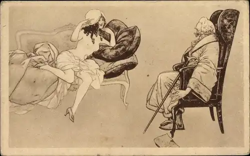 Künstler Ak Frauenakt auf einem Sofa, alter Mann im Morgenrock