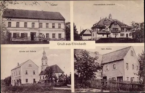 Ak Elbisbach Frohburg in Sachsen, Gasthof, Frauenschule Arvedshof, Kirche, Schule, Geschäftshaus