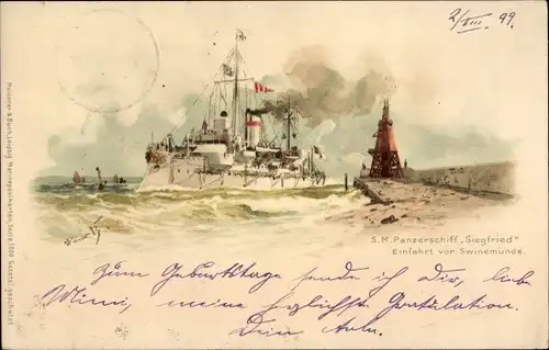 Künstler Litho Bohrdt, Hans, Swinemünde, Deutsches Kriegsschiff, SMS Siegfried, Panzerschiff