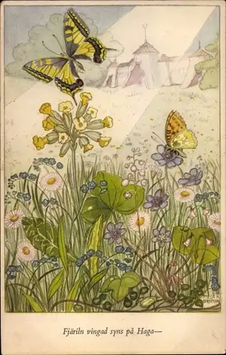 Künstler Ak Köhler, Mela, Fjäriln vingad syns pa Haga, Fredmans Sang nr. 64, Schmetterling, Blumen