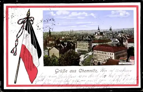 Passepartout Ak Chemnitz in Sachsen, Blick auf den Ort, Fahne
