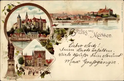 Litho Meißen in Sachsen, Denkmal, Schloss, Blick auf den Ort