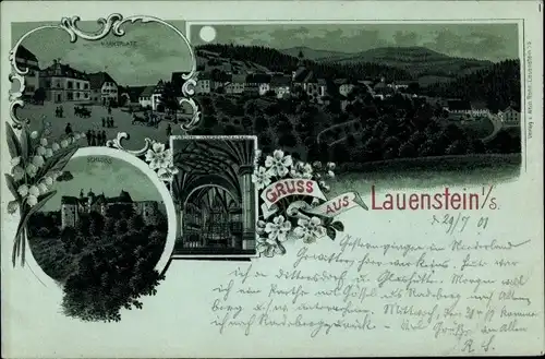 Mondschein Litho Lauenstein Altenberg im Erzgebirge, Schloss, Blick auf den Ort, Marktplatz