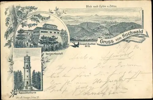 Litho Oybin Kreis Görlitz, Bergwirtschaft, Hochwald, Aussichtsturm