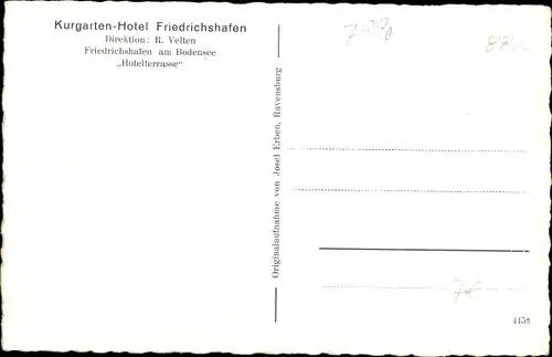 Ak Friedrichshafen am Bodensee, Kurgarten Hotel Friedrichshafen, Hotelterrasse, R. Velten