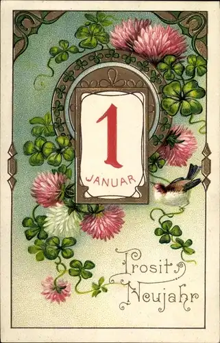 Präge Litho Glückwunsch Neujahr, Kalender, 1 Januar, Kleeblätter, Vogel