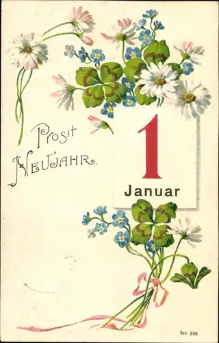 Ak Glückwunsch Neujahr, Kalender, Blumen und Glücksklee