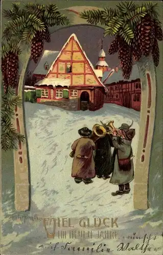 Künstler Präge Ak Glückwunsch Neujahr, Hufeisen, Winter, musizierende Männer