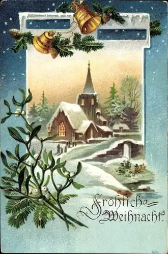 Ak Glückwunsch Weihnachten, Kirche, Winter, Mistelzweige, Glocken