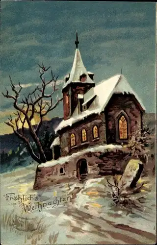 Ak Glückwunsch Weihnachten, Schneebedeckte Kirche im Mondschein