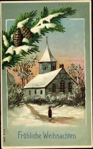Präge Litho Glückwunsch Weihnachten, Schneebedeckte Kirche, Tannenzweig, Zapfen