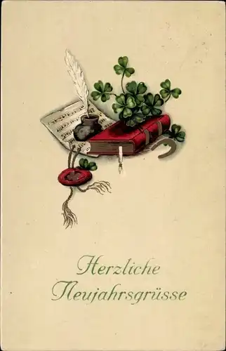 Ak Glückwunsch Neujahr, Buch, Kleeblätter, Hufeisen, Notenblatt, Feder