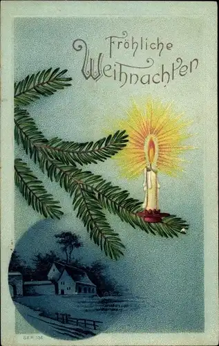 Präge Ak Glückwunsch Weihnachten, Brennende Kerze auf einem Tannenzweig