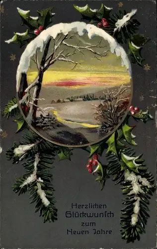 Winter Präge Ak Glückwunsch Neujahr, Winterlandschaft, Stechpalmenzweige