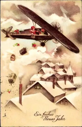 Ak Glückwunsch Neujahr, Flugzeug über einer Ortschaft, Geschenke, Winter