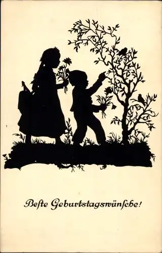 Scherenschnitt Ak Pflug, C., Glückwunsch Geburtstag, Junge und Mädchen mit Blumen