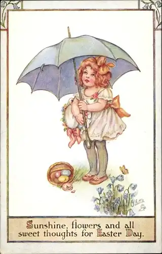 Ak Glückwunsch Ostern, Mädchen mit Regenschirm, Ostereier