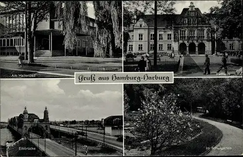 Ak Hamburg Harburg, Hallenbad, Rathaus, Elbbrücke, Schulgarten