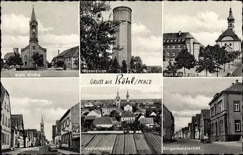 Ak Böhl Iggelheim in der Pfalz, Kirchen, Kath. Kirche, Wasserturm, Prof. Kirche