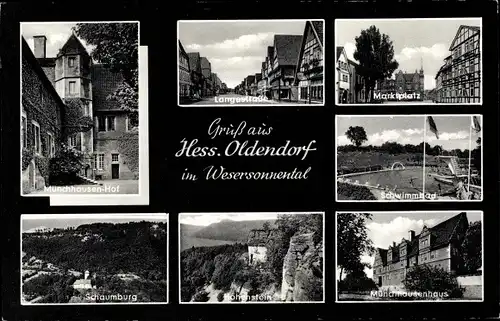 Ak Hessisch Oldendorf an der Weser, Münchhausenhof, Langestraße, Marktplatz, Schwimmbad, Schaumburg