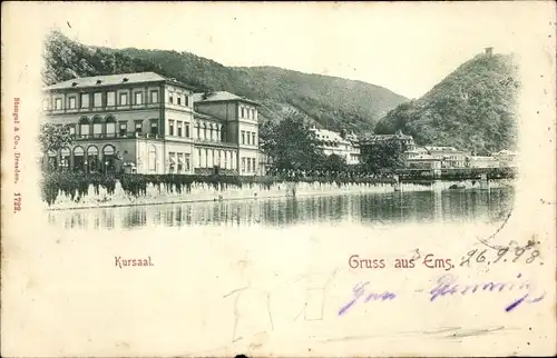 Ak Bad Ems an der Lahn, Kursaal vom Wasser gesehen