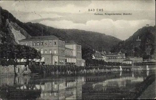 Ak Bad Ems an der Lahn, Kurhaus, Kriegerdenkmal, Bäderlei