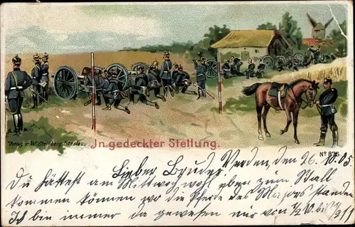 Ak In gedeckter Stellung, deutsche Soldaten am Geschütz