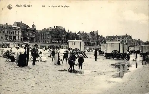 Ak Middelkerke Westflandern, La Digue et la Plage, Strandpartie, Badekarren