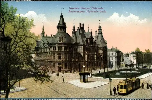 Ak Anvers Antwerpen Flandern, Banque Nationale, Straßenbahn