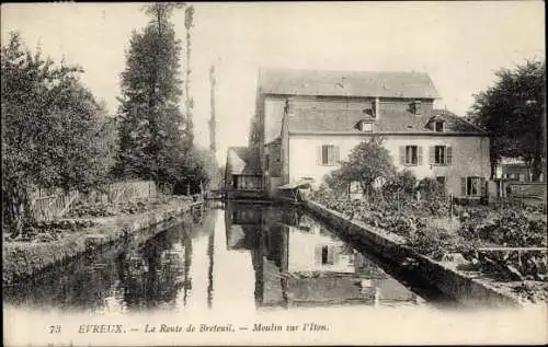 Ak Evreux Eure, La Route de Breteuil, Moulin sur l'Iton