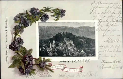 Passepartout Ak Lindenfels im Odenwald, Gesamtansicht, Flieder