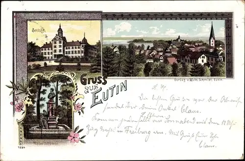 Litho Eutin in Ostholstein, Schloss, Weber Denkmal, Blick auf den Ort