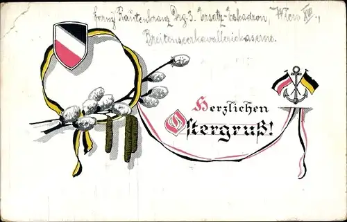 Ak Glückwunsch Ostern, Fahnen, Kaiserreich, Österreich, Weidenkätzchen