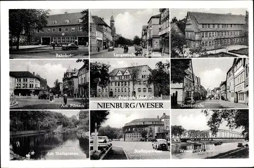 Ak Nienburg an der Weser, Filmeck, Bahnhof, Langestraße, Rathaus, Arbeitsamt, Weserbrücke, Georgstr.