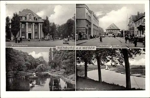 Ak Nienburg an der Weser, Kreissparkasse, Hafenstraße, Post, Weserwall, Stadtgraben