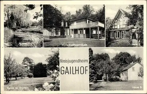 Ak Gailhof Wedemark, Kreisjugendheim, Wirtschaftsgebäude, Teich, Gartenpartie