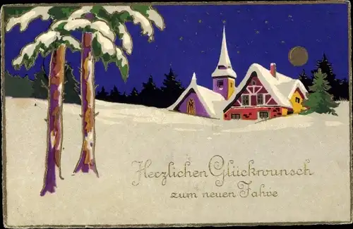 Ak Glückwunsch Neujahr, Winterlandschaft, Ortschaft, Mond